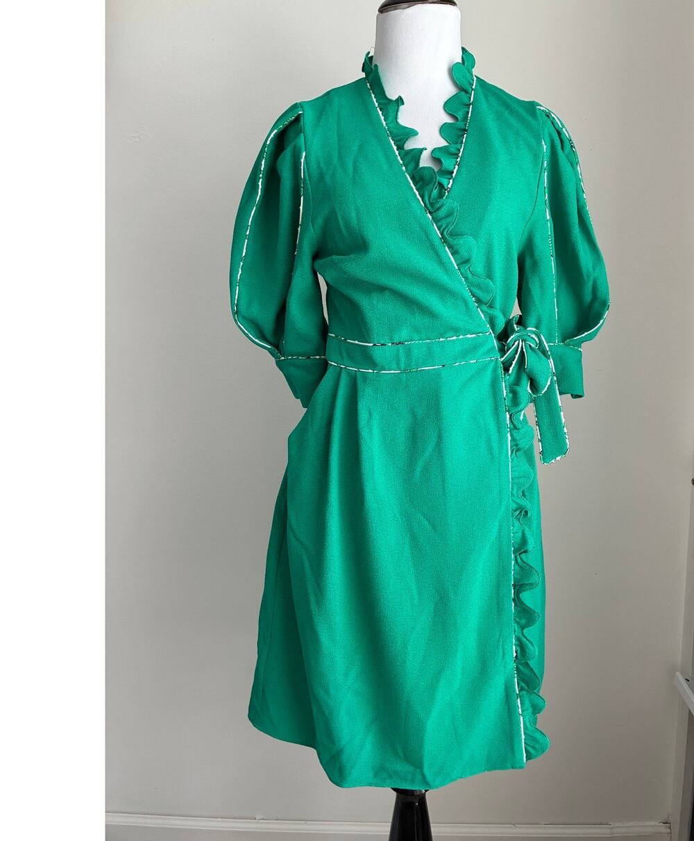 Hofmann Copenhagen Krista Green Puff Sleeve Wrap Dress Size 36 US 4